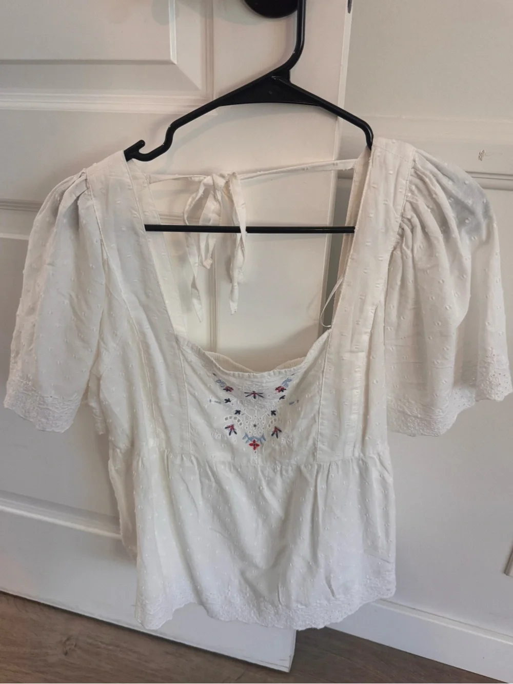 Old Navy White Eyelet Peasant Top with Floral Embroidery